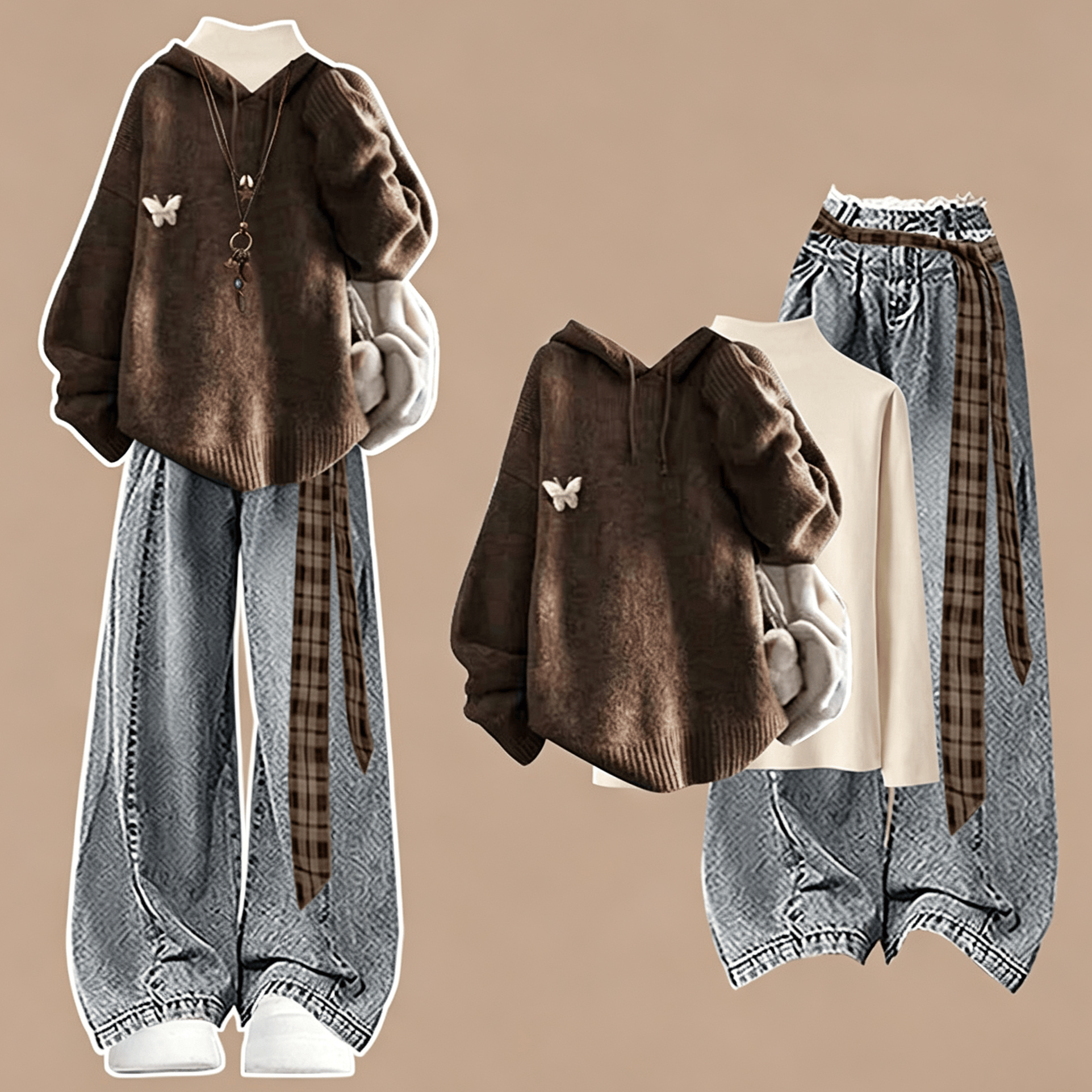 Dreiteiliges Set aus Maillard-Strickpullover mit Kapuze, Hemd und Jeans - Pullover + Hemd - XL - image 1
