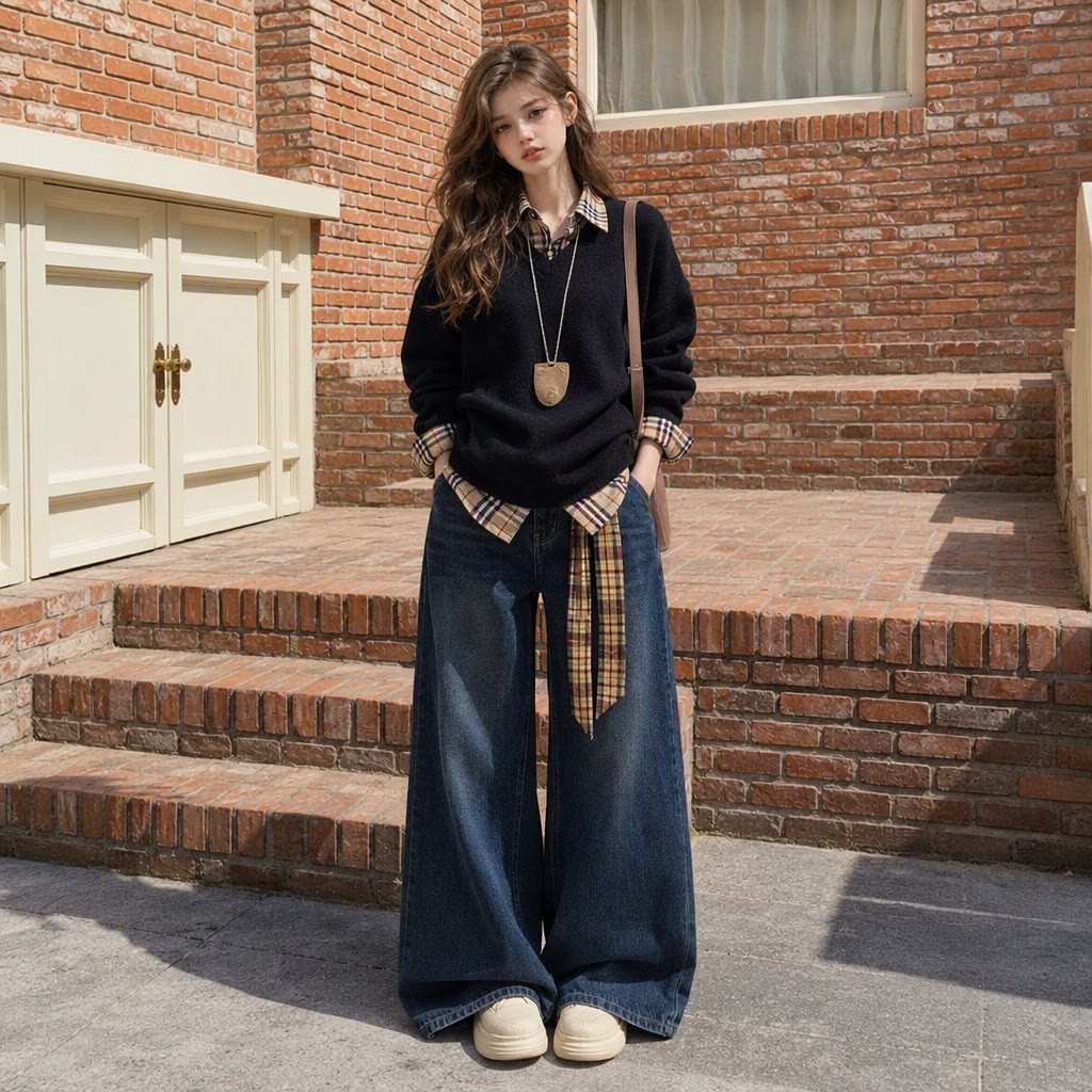 Zweiteiliges Set aus kariertem Patchwork-Poloshirt und hochgeschnittener, gewaschener Jeans - image 2