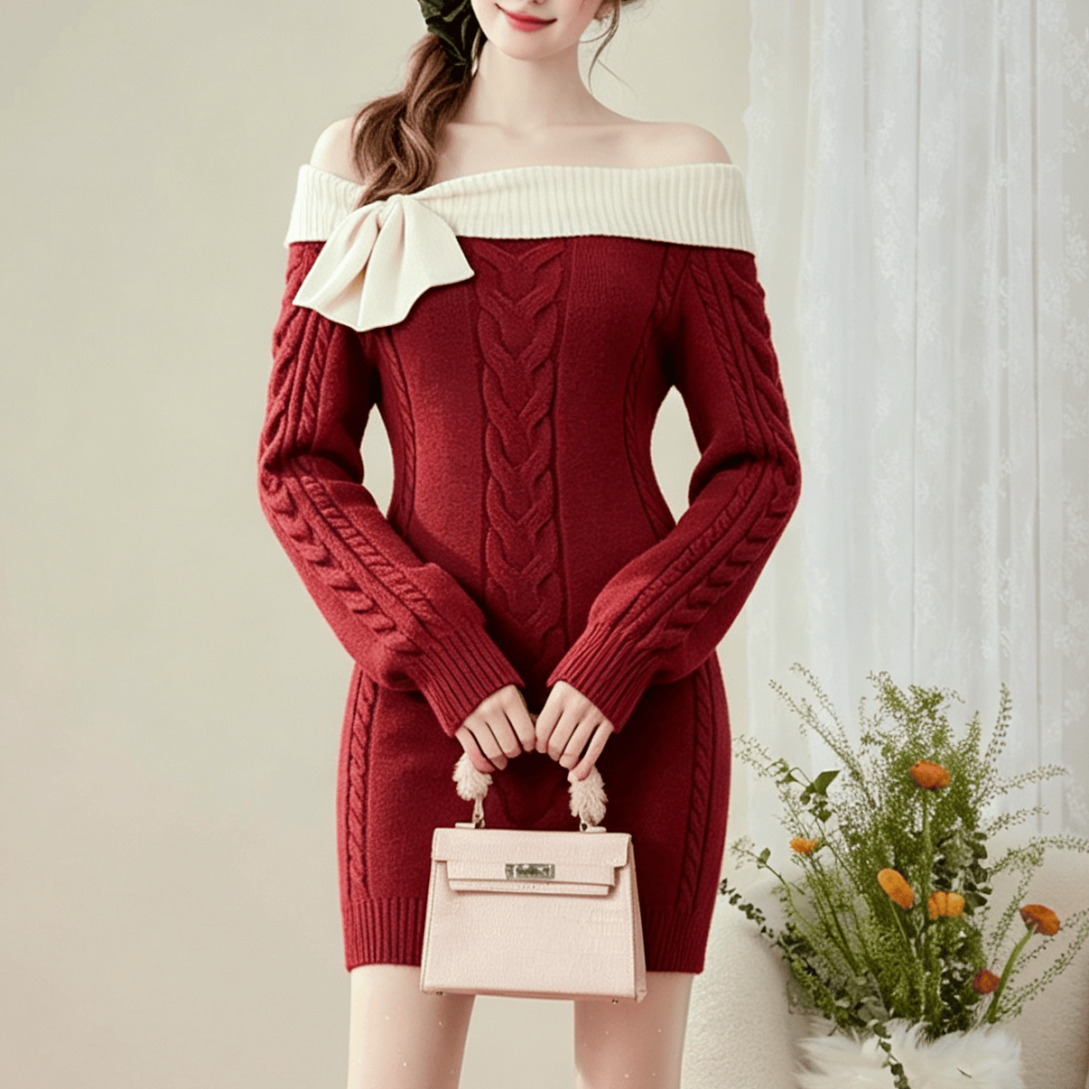 Schulterfreies, figurbetontes Kleid mit Schleife - Rot - L - image 1
