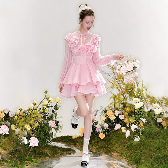 Süßes Rüschenkleid mit Schnürung - Rosa - L - image 1