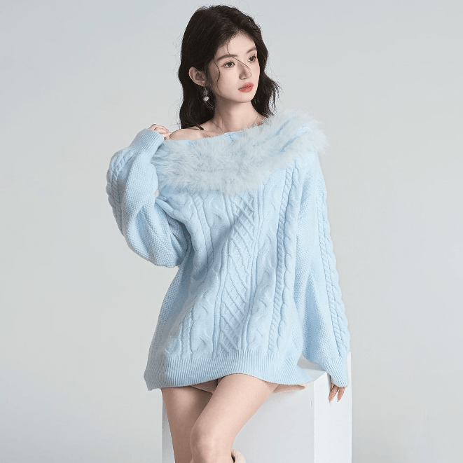 Strickpullover mit schulterfreiem Kragen aus Kunstpelz - image 2