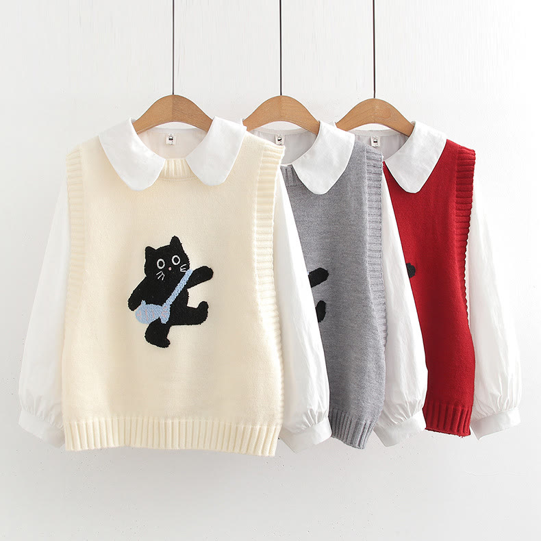 Dreiteiliges Set aus Strickweste, Bluse und Rock mit Rundhalsausschnitt und Katzenmotiv - image 2