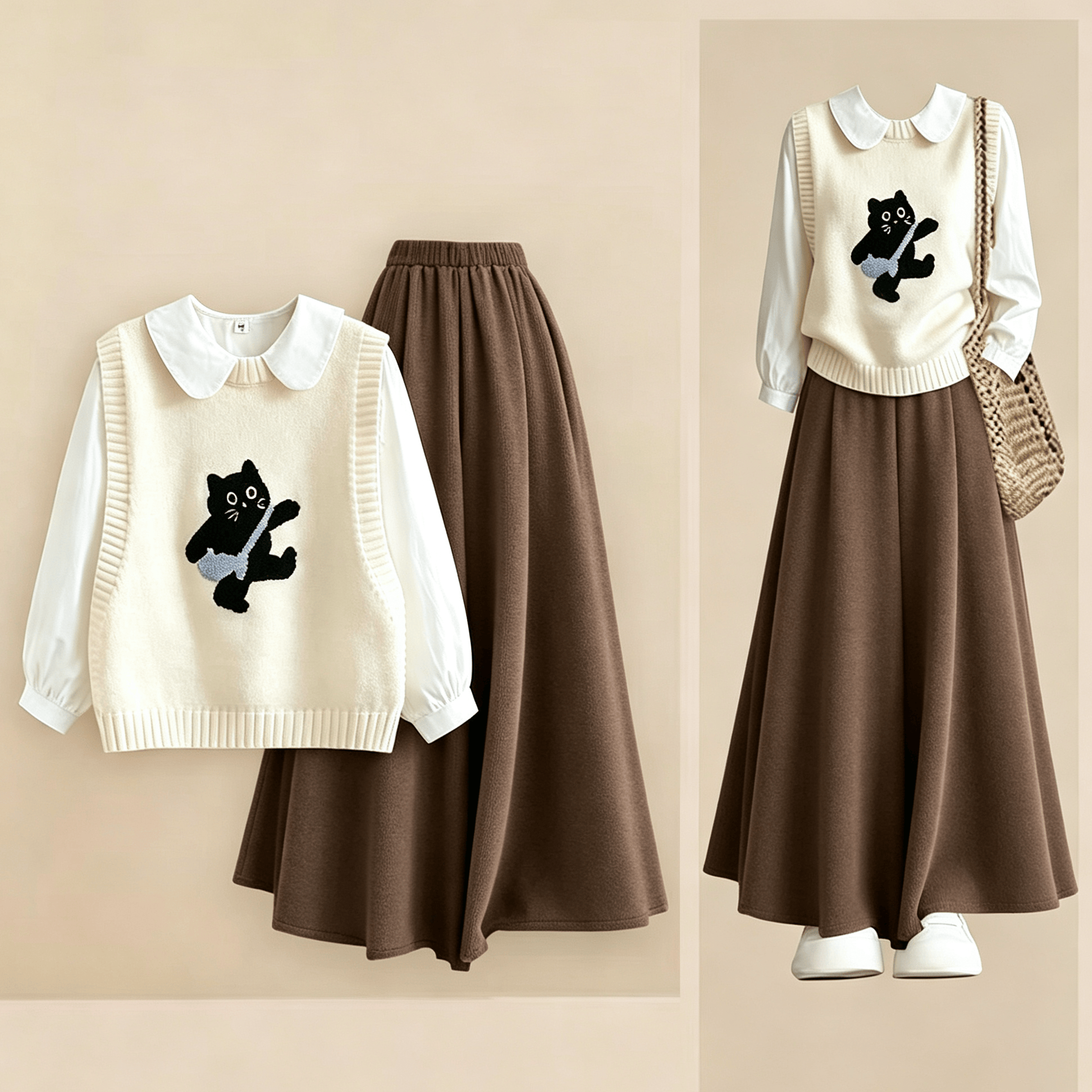 Dreiteiliges Set aus Strickweste, Bluse und Rock mit Rundhalsausschnitt und Katzenmotiv - image 1