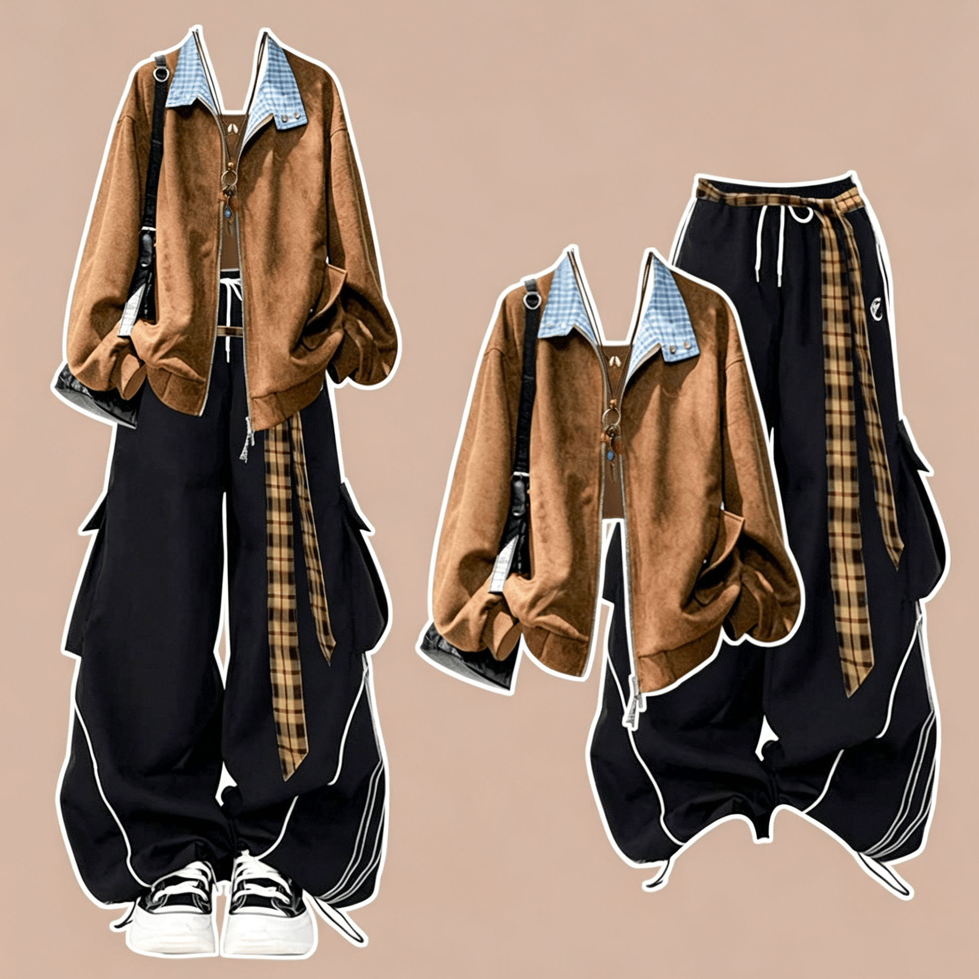 Zweiteiliges Set aus Vintage-Karojacke und Cargohose - image 1