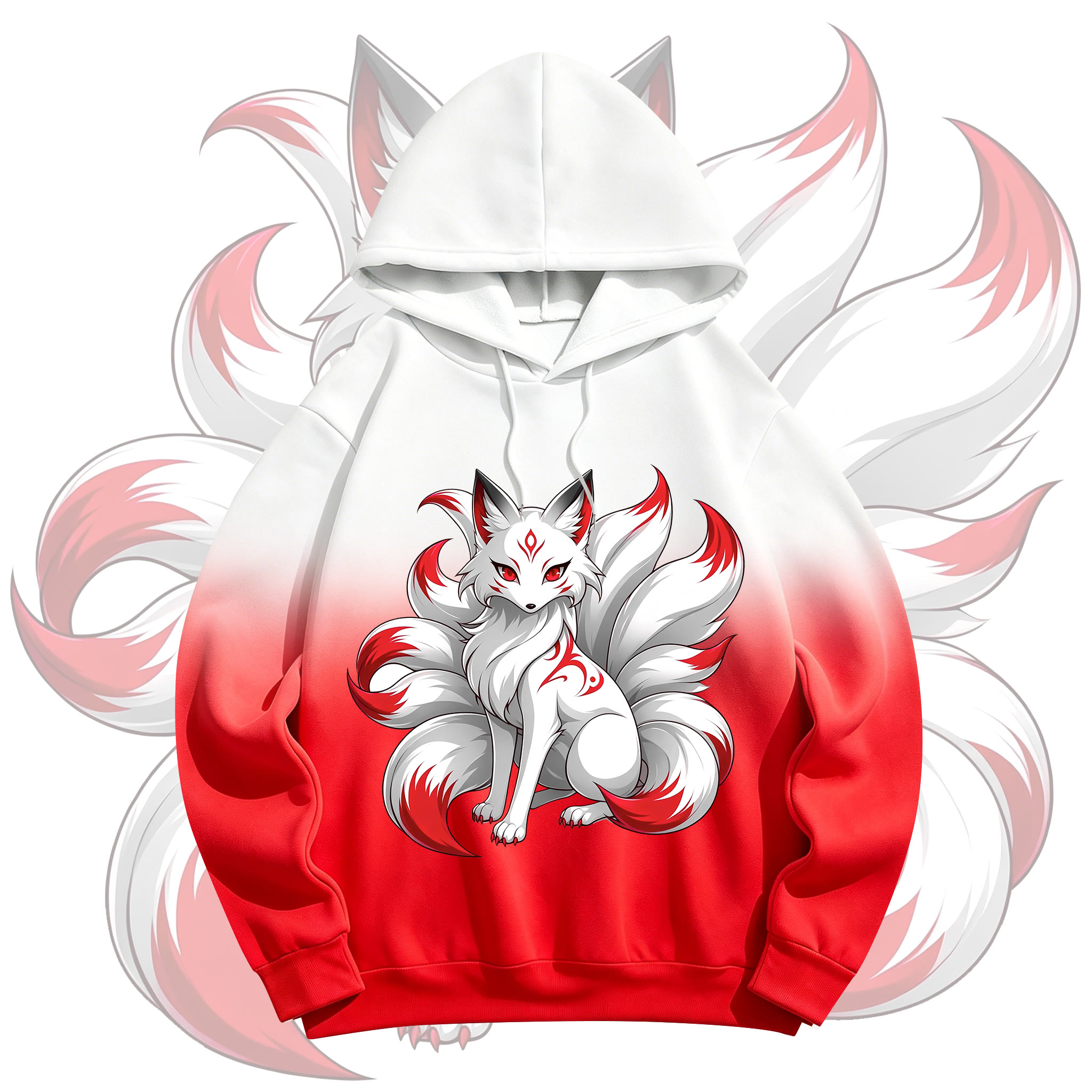 MODAKAWA Rot-Weißer Farbverlauf-Hoodie mit neunschwänzigem Fuchs - Weiß & Rot - 5XL - image 1