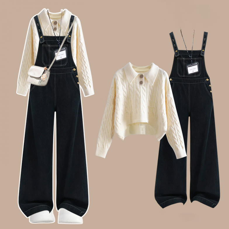 Aprikosenfarbener Pullover und Jeans-Latzhose mit weitem Bein, zweiteiliges Set - Satz - XL - image 1