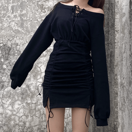 Dunkles Gothic-Kleid mit schulterfreiem, gerafftem Kleid - Schwarz - 3XL - image 2