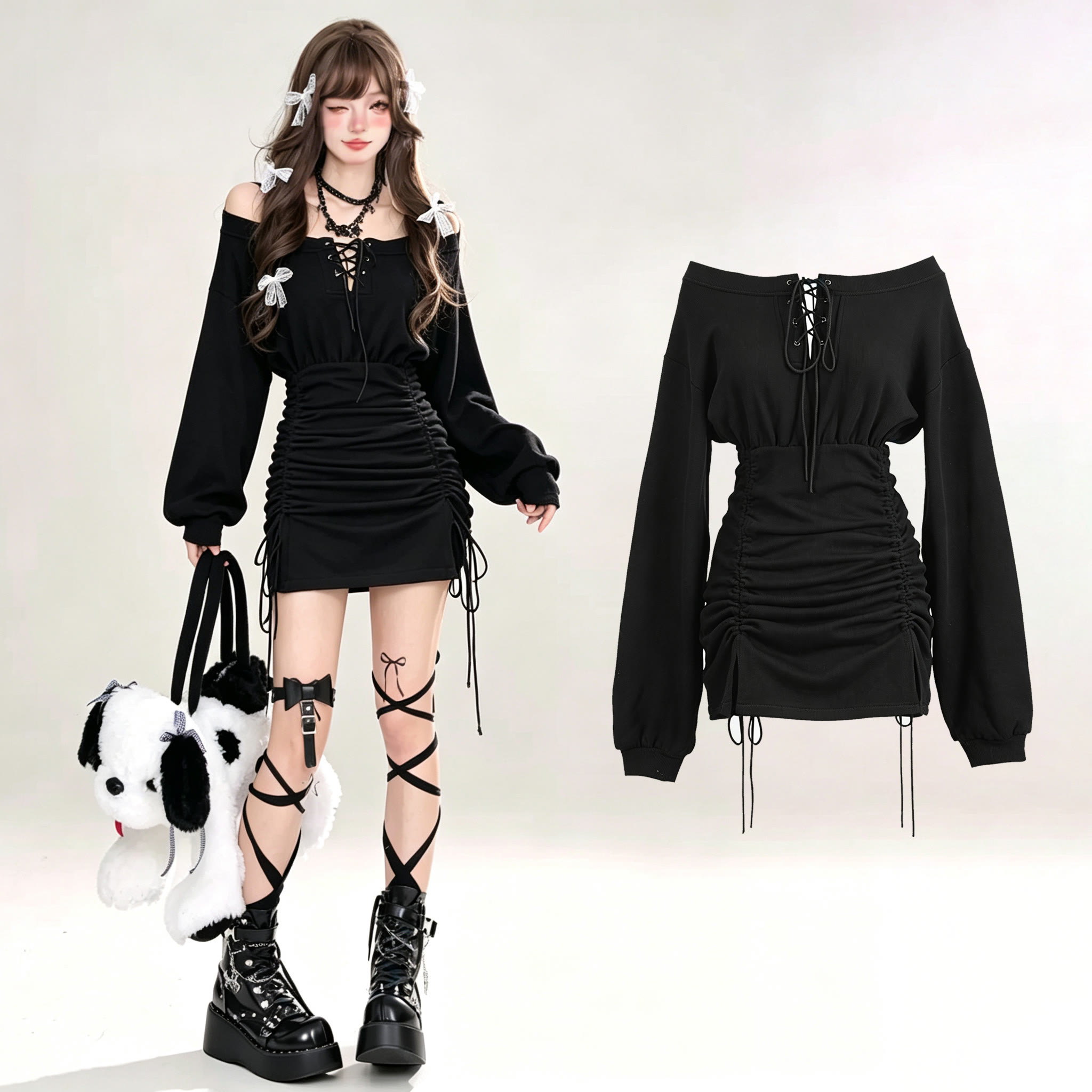 Dunkles Gothic-Kleid mit schulterfreiem, gerafftem Kleid - image 1