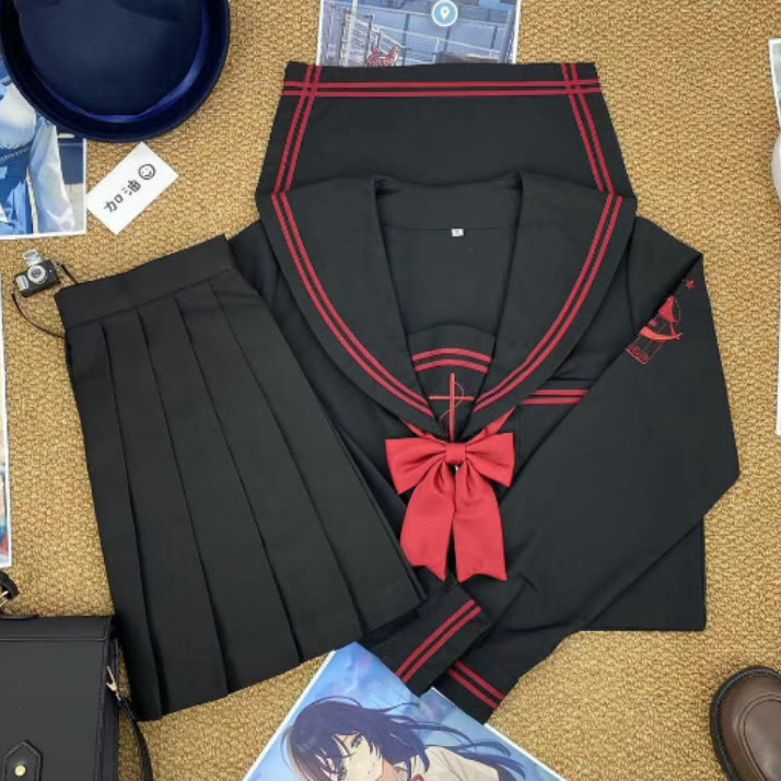 Dunkles JK-Matrosenuniform-Zweiteiler-Set - Langarmshirt + rote Fliege + schwarzer Rock - 2XL - image 1