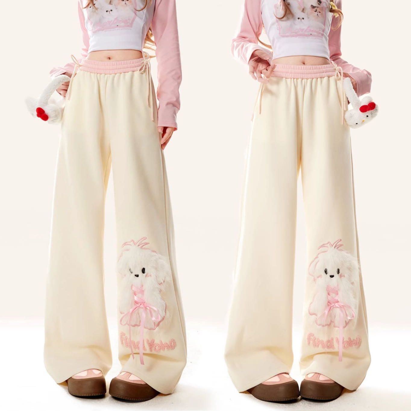 Schicke, niedliche Jogginghose mit weitem Bein und Welpenmotiv - Aprikose - 2XL - image 1