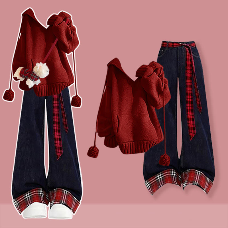 Zweiteiliges Set aus Strickpullover und Jeans im Preppy-Stil - Rotes Oberteil + Hose - 4XL - image 2