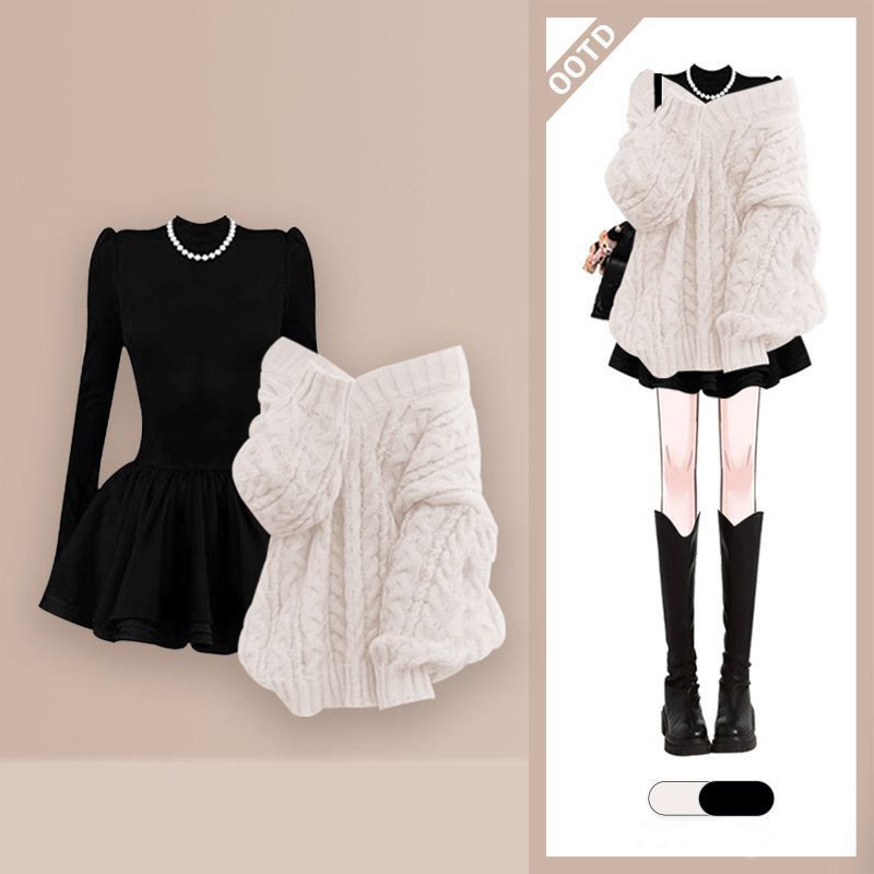 Schickes zweiteiliges Set aus Strickpullover und Kleid - Aprikosenfarbenes Top + schwarzes Kleid - 4XL - image 2