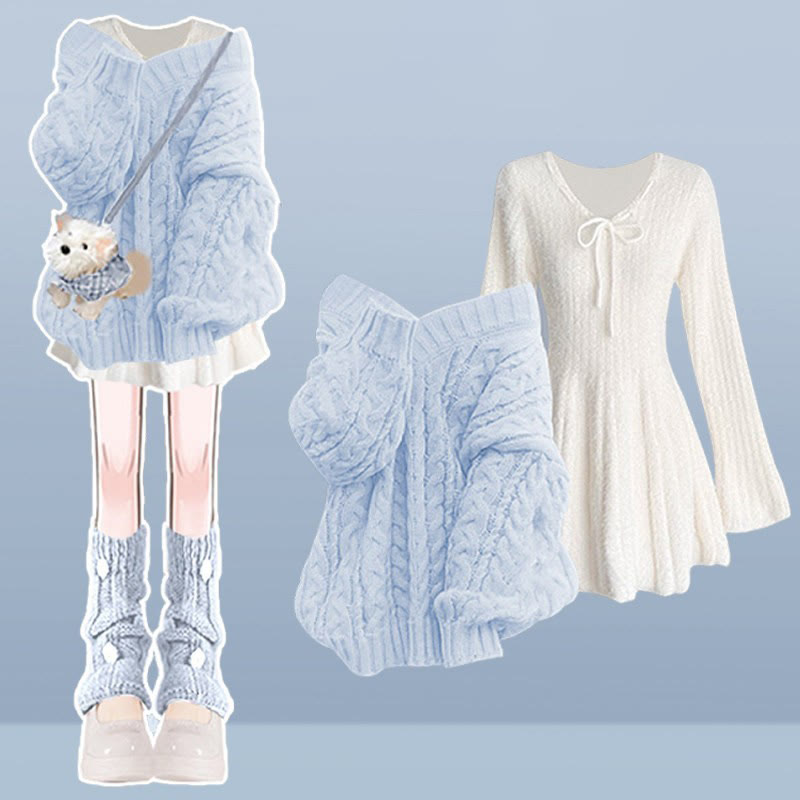 Zweiteiliges Set aus süßem V-Ausschnitt-Strickpullover und Kleid - Blaues Top + weißes Kleid - 4XL - image 2