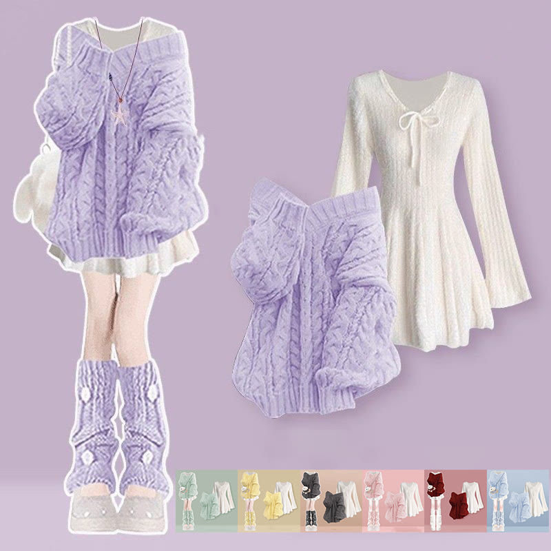 Zweiteiliges Set aus süßem V-Ausschnitt-Strickpullover und Kleid - image 1