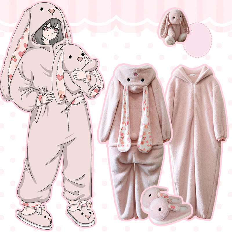 Cartoon-Hasen-Plüsch-Einteiler-Pyjama - Rosa Einteiler + Hausschuhe - 6XL - image 1