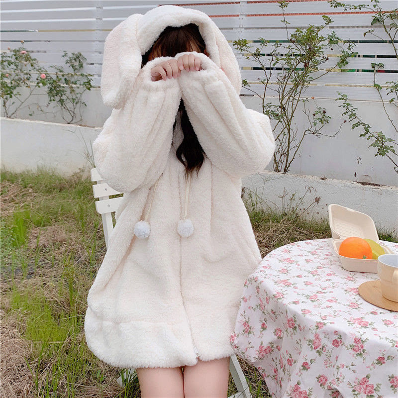 Niedliche Sherpa-Kapuzenjacke mit Hasenohren - Weiß - 3XL - image 2
