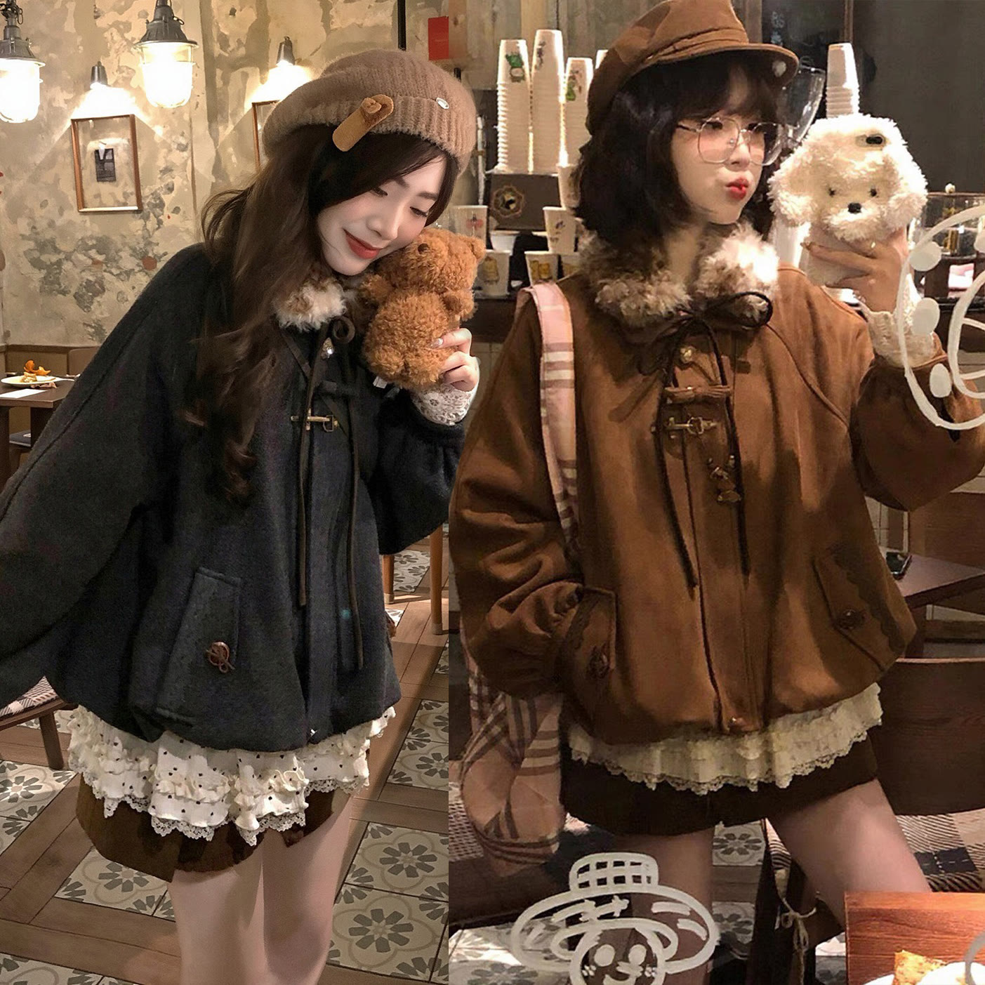 Vintage-Set aus zweiteiliger Jacke mit Kunstpelzkragen und Spitzenbluse - image 1