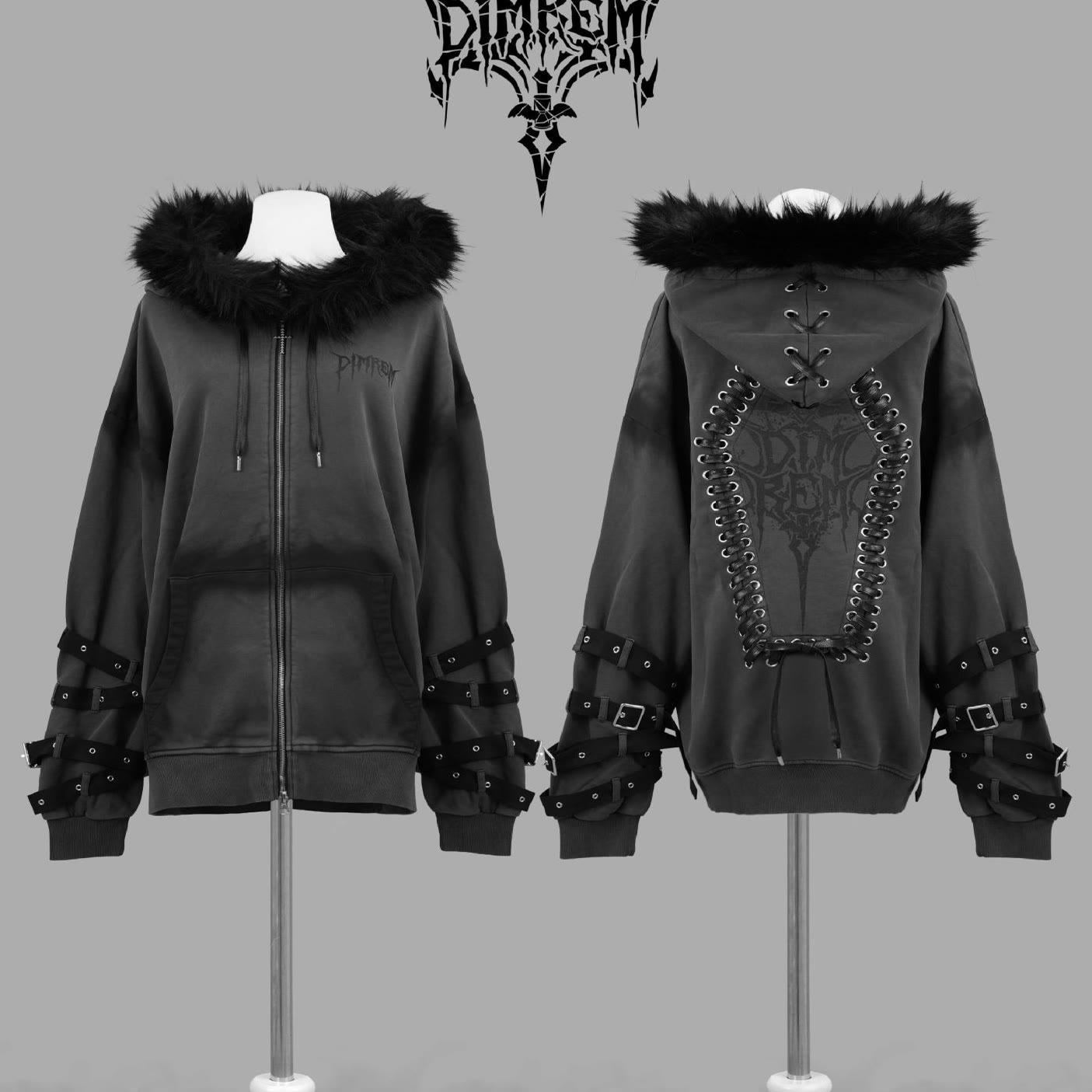 Kapuzenpullover mit Reißverschluss und Kunstpelzkragen im dunklen, ästhetischen Stil - Dunkelgrau - L - image 2