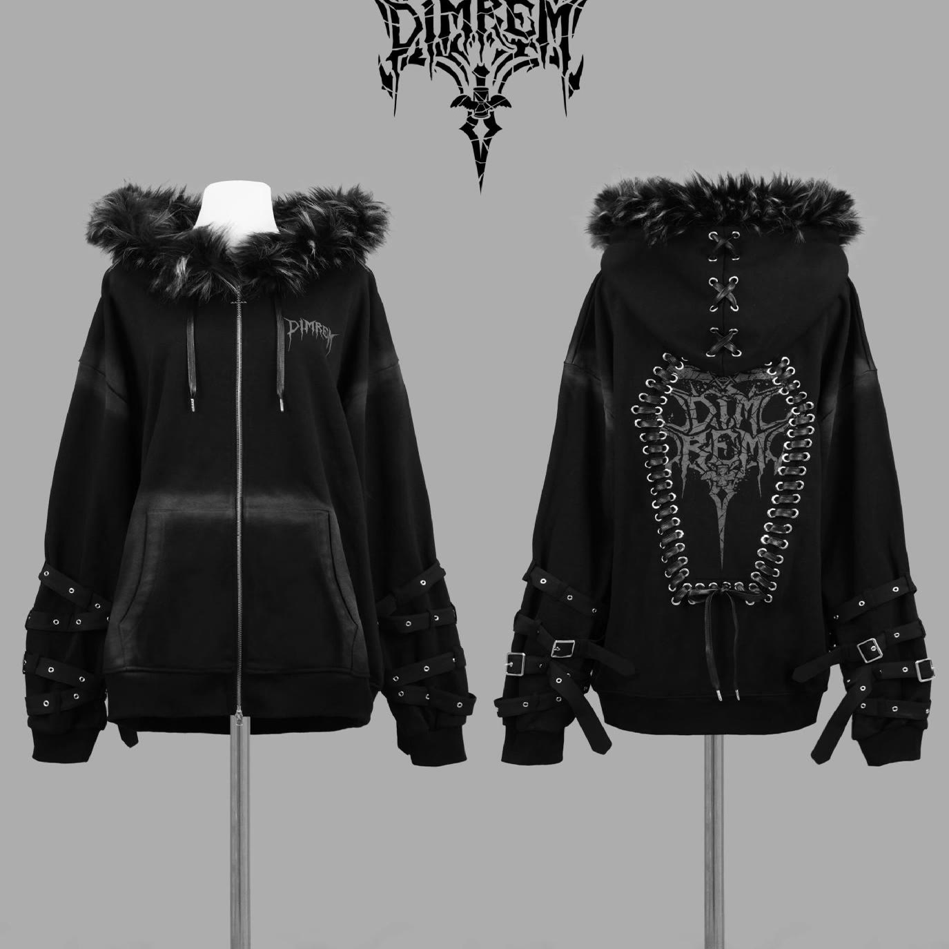 Kapuzenpullover mit Reißverschluss und Kunstpelzkragen im dunklen, ästhetischen Stil - Schwarz - L - image 1