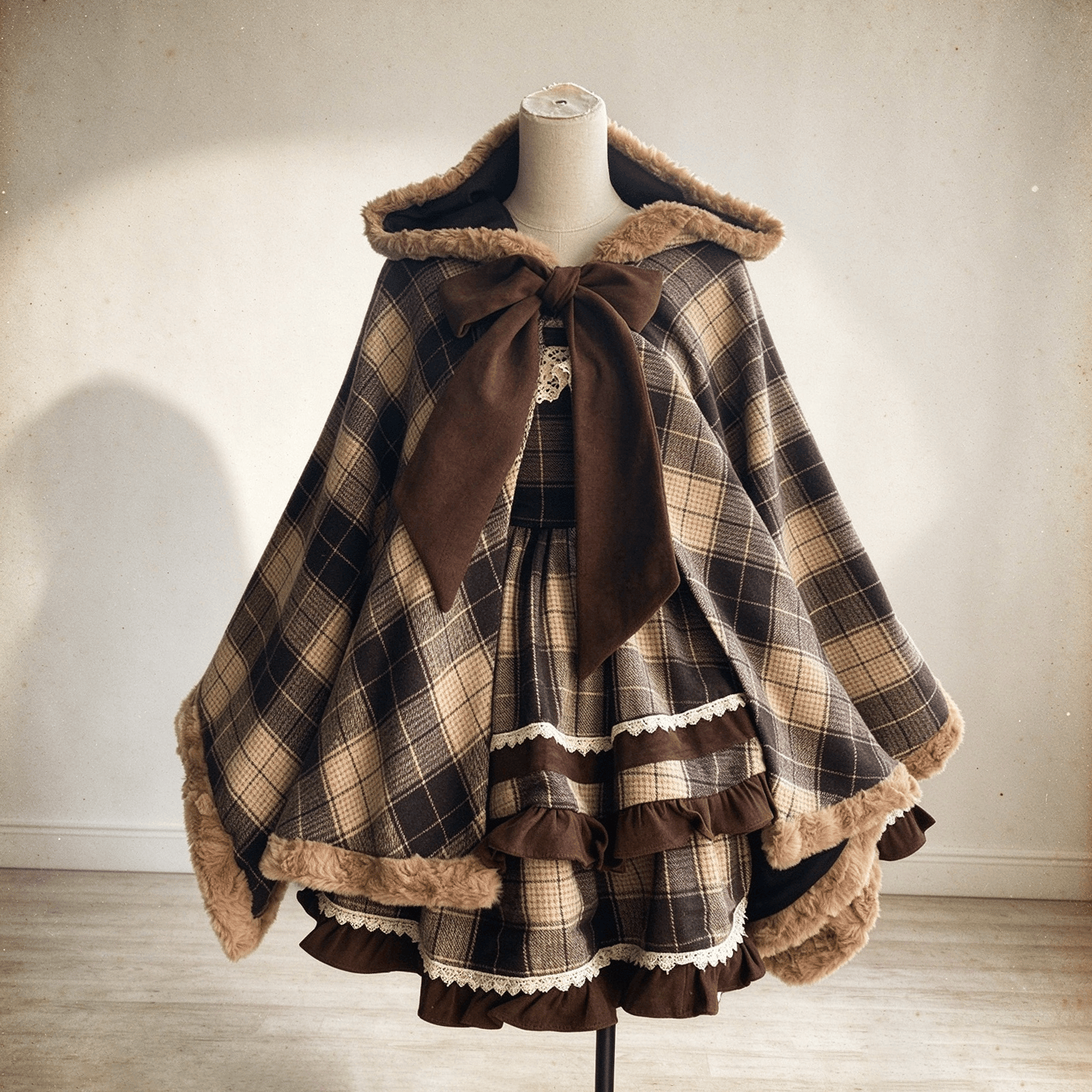 Dreiteiliges Set aus kariertem Kleid, Kapuzenumhang und spitzenbesetztem Oberteil - Kleid + Cape - XL - image 1