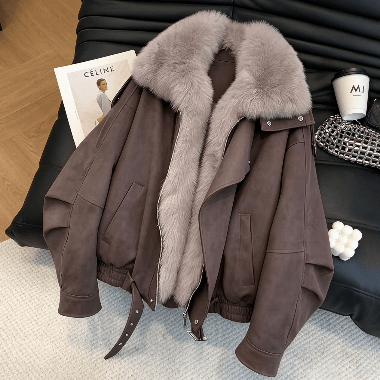 Modische Steppjacke mit Kunstpelzkragen - Braun - 4XL - image 1
