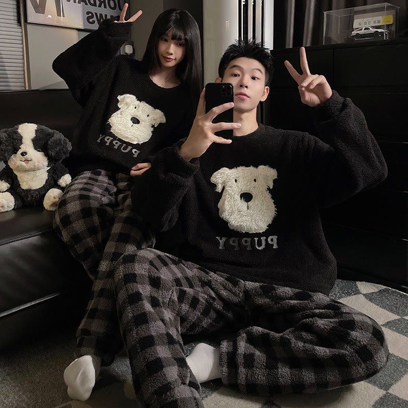 Niedliche Paar-Pyjamas aus Korallenfleece mit Cartoon-Motiv - Welpe - Men:3XL - image 1