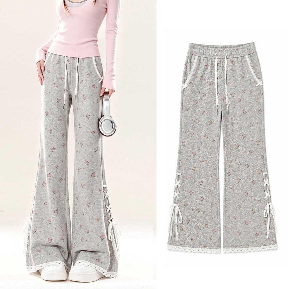 Sport-Jogginghose mit Spitzenbesatz und Blumenmuster - Grau - L - image 1