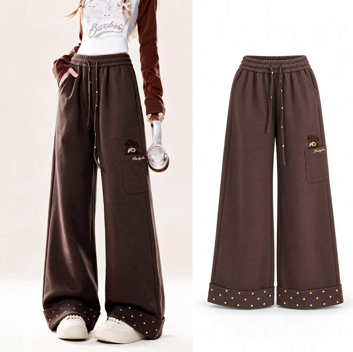 Sport-Jogginghose mit braunem Bärenmuster und Polka-Dot-Besatz - Braun - L - image 1