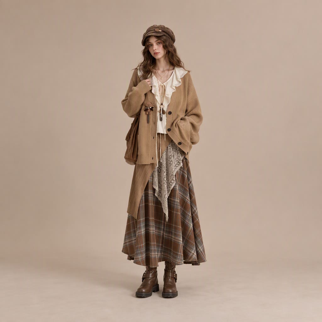 Dreiteiliges Set aus Maillard-Pullover, Hemd und Karorock - image 2