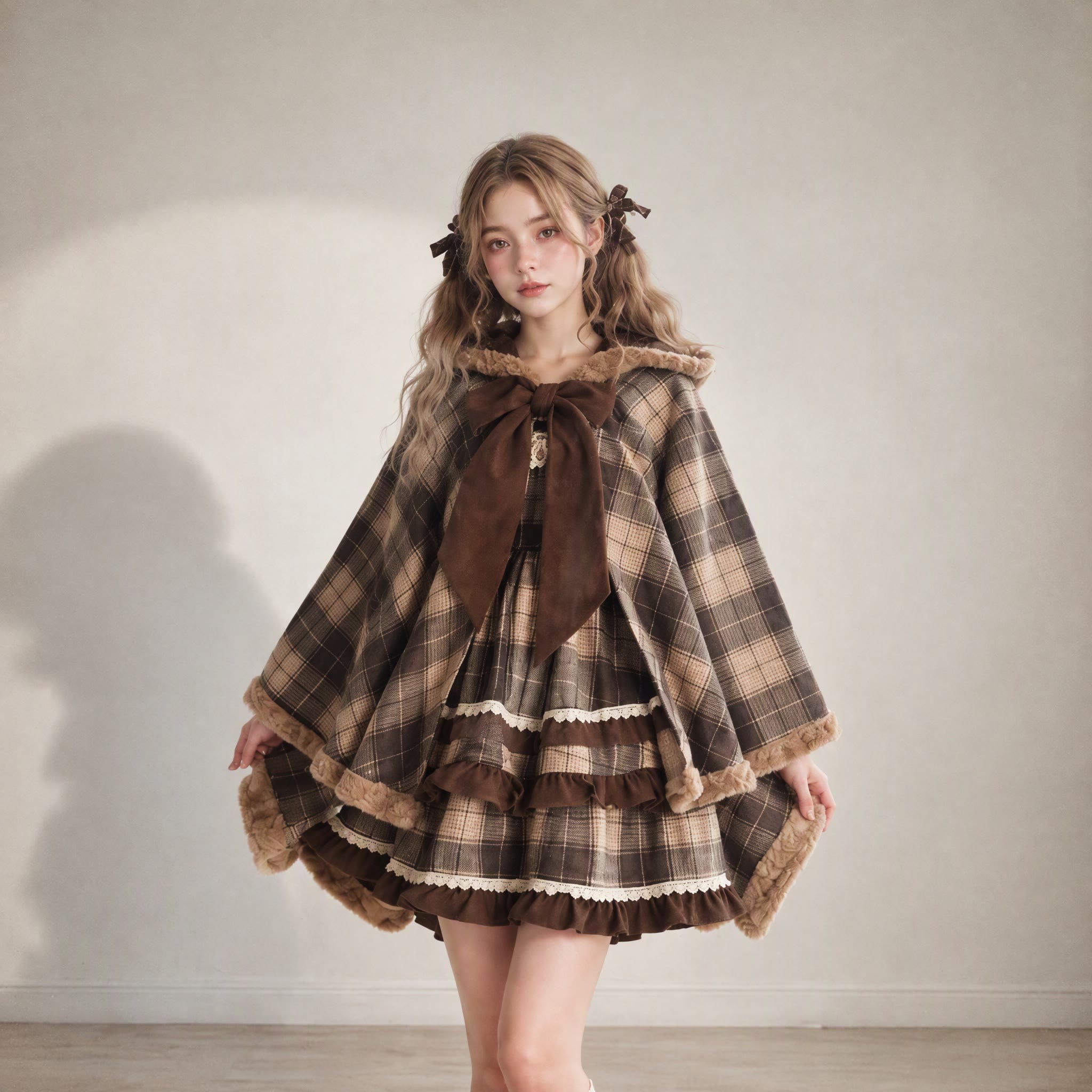 Dreiteiliges Set aus kariertem Kleid, Kapuzenumhang und spitzenbesetztem Oberteil - image 2