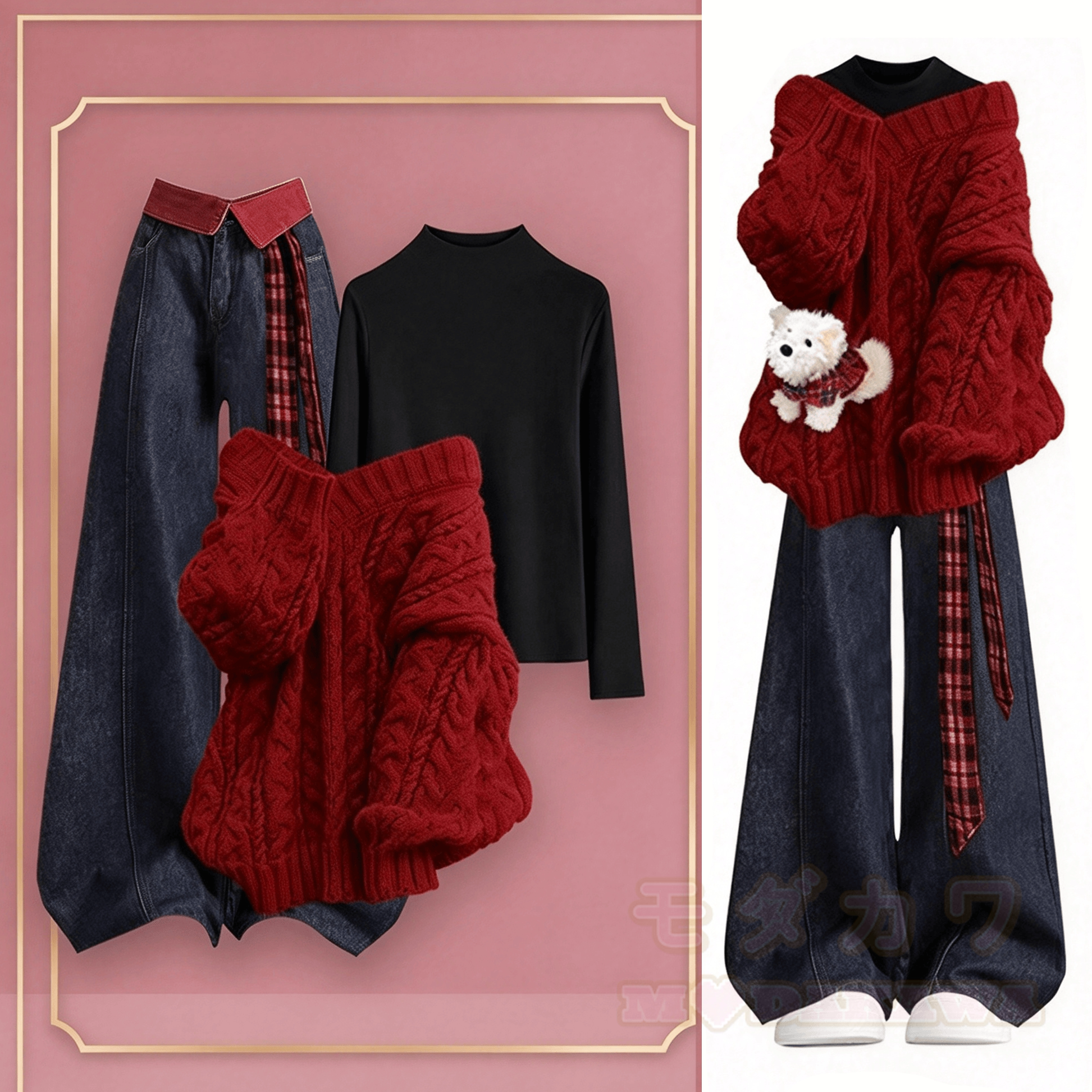 Schickes dreiteiliges Set aus rotem Pullover, Hemd und Jeans - Satz - 4XL - image 1