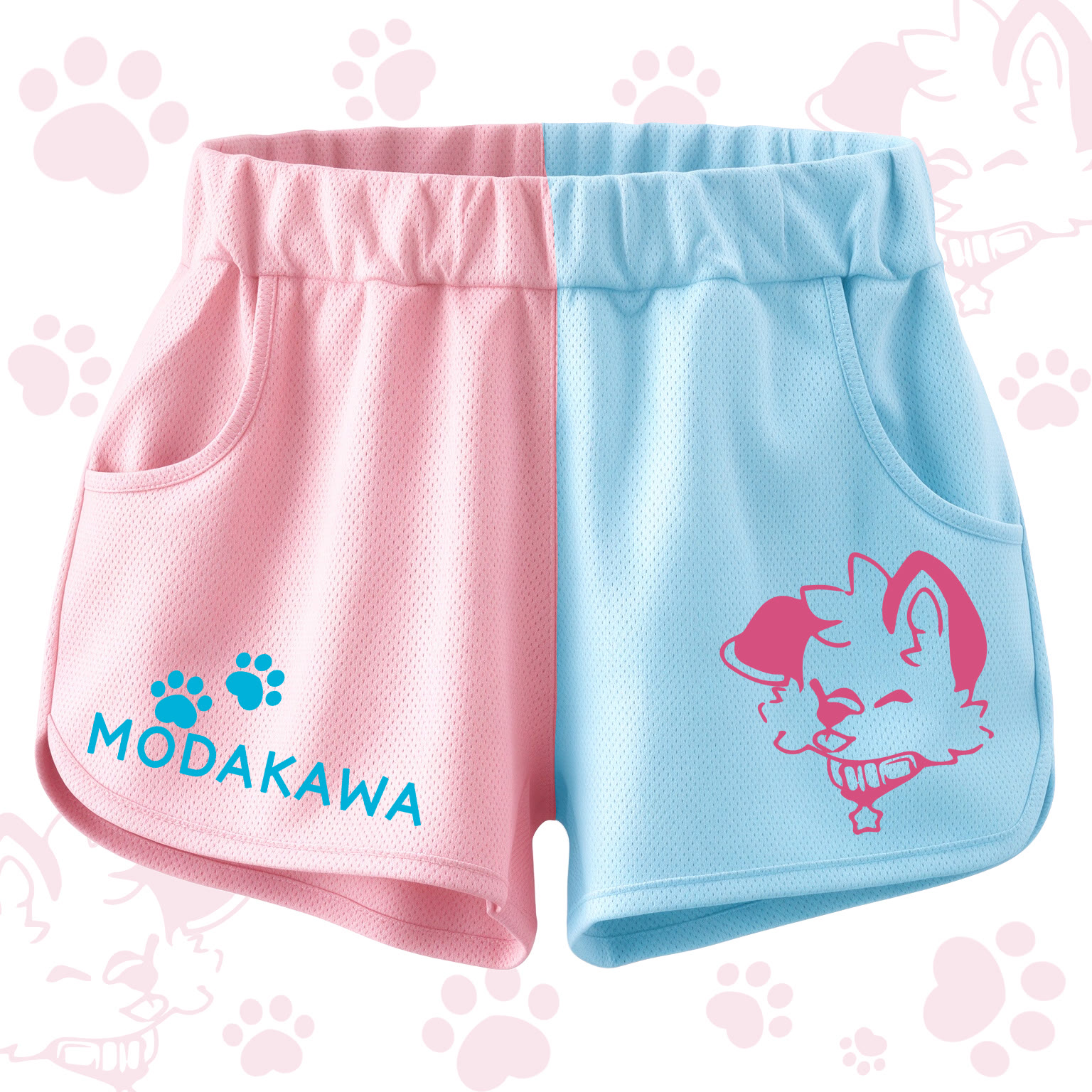 MODAKAWA X Popipeko Shorts mit pink-blauem Farben -Blocking-Cartoon-Print - Blau und Rosa - 4XL - image 1
