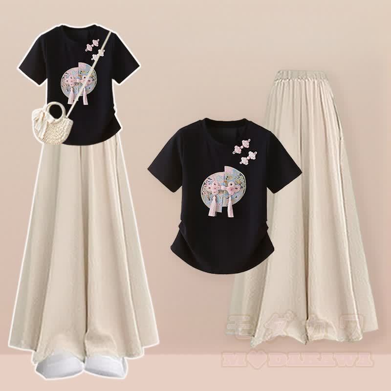 Vintage-Schnallen-T-Shirt, weit geschnittene Hose und Rock, zweiteiliges Set - Satz C - 2XL - image 3