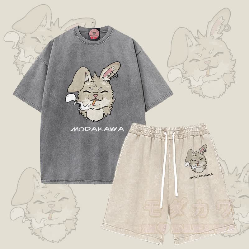 MODAKAWA Smoking Bunny Grafik Vintage Washed T-Shirt Shorts Zweiteiliges Set - Grau & Aprikose - 3XL - image 12