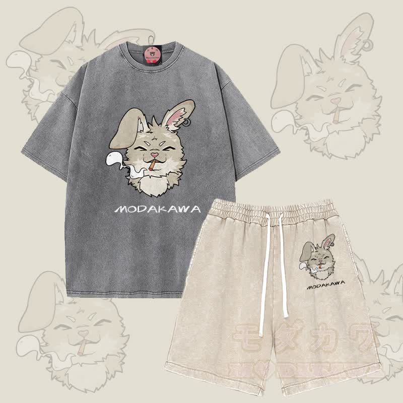 MODAKAWA Smoking Bunny Grafik Vintage Washed T-Shirt Shorts Zweiteiliges Set - Grau & Aprikose - 3XL - image 12
