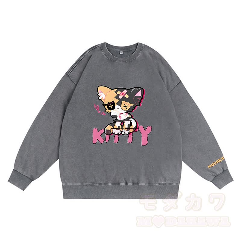 Sad Kitty Grafik Dunkle Ästhetik Unisex Vintage Gewaschenes Sweatshirt - Grau - 3XL - image 4