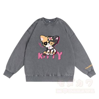Sad Kitty Grafik Dunkle Ästhetik Unisex Vintage Gewaschenes Sweatshirt - Grau - 3XL - image 4