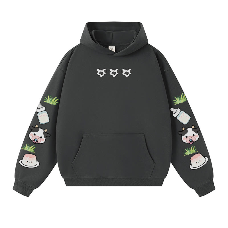 Entzückender warmer dicker Kapuzenpullover mit Kuhmilch-Grafik - Dark Grey - 3XL - image 6