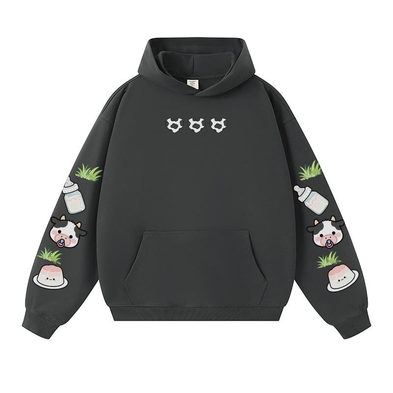 Entzückender warmer dicker Kapuzenpullover mit Kuhmilch-Grafik - Dark Grey - 3XL - image 6