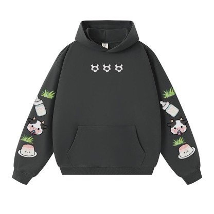 Entzückender warmer dicker Kapuzenpullover mit Kuhmilch-Grafik - Dark Grey - 3XL - image 6