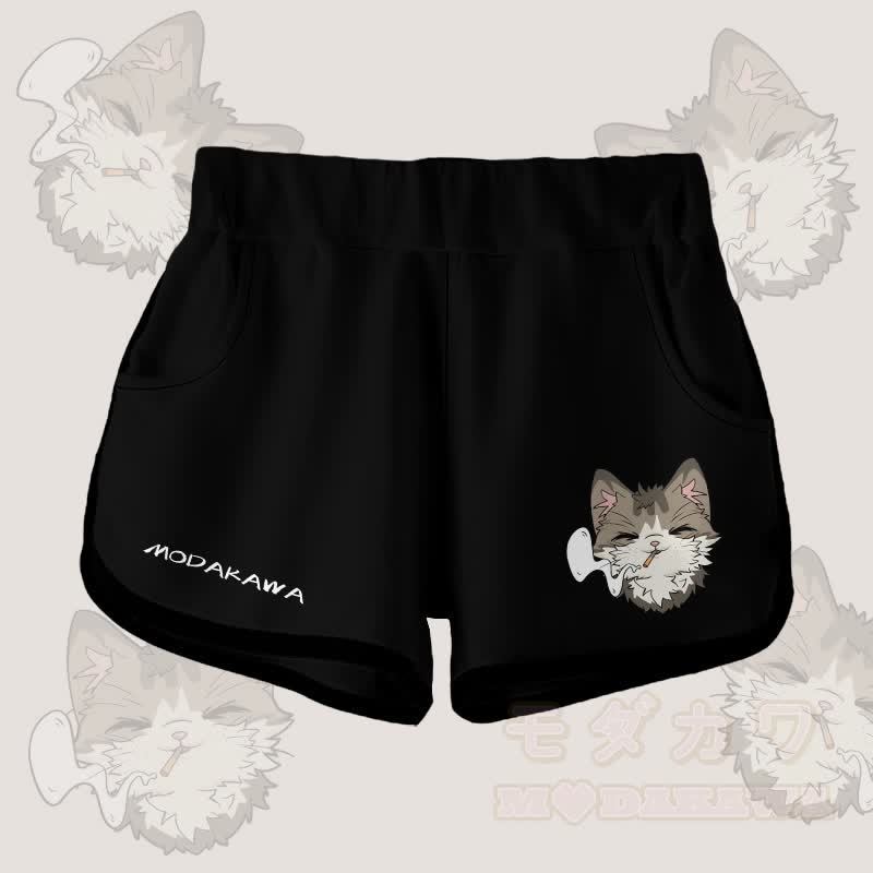 MODAKAWA Shorts mit Farbverlauf und rauchender Katze Grafik - Schwarz - 5XL - image 5