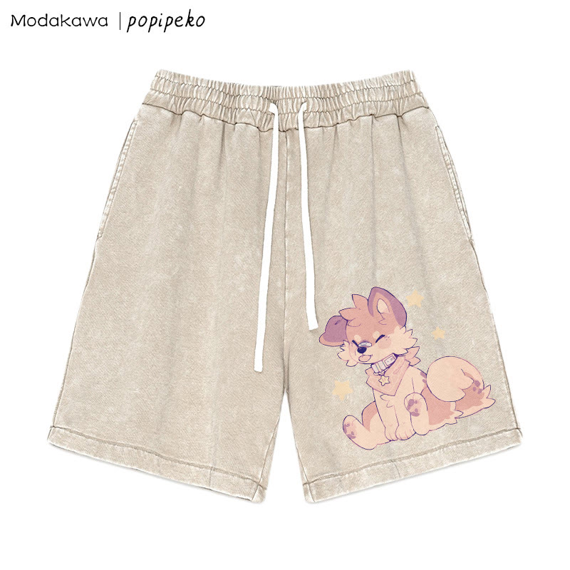 MODAKAWA X popipeko – Shorts im Vintage-Waschungsdesign mit Welpen-Print - Apricot - 3XL - image 4