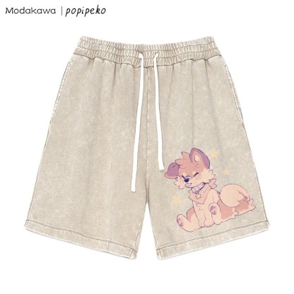 MODAKAWA X popipeko – Shorts im Vintage-Waschungsdesign mit Welpen-Print - Apricot - 3XL - image 4
