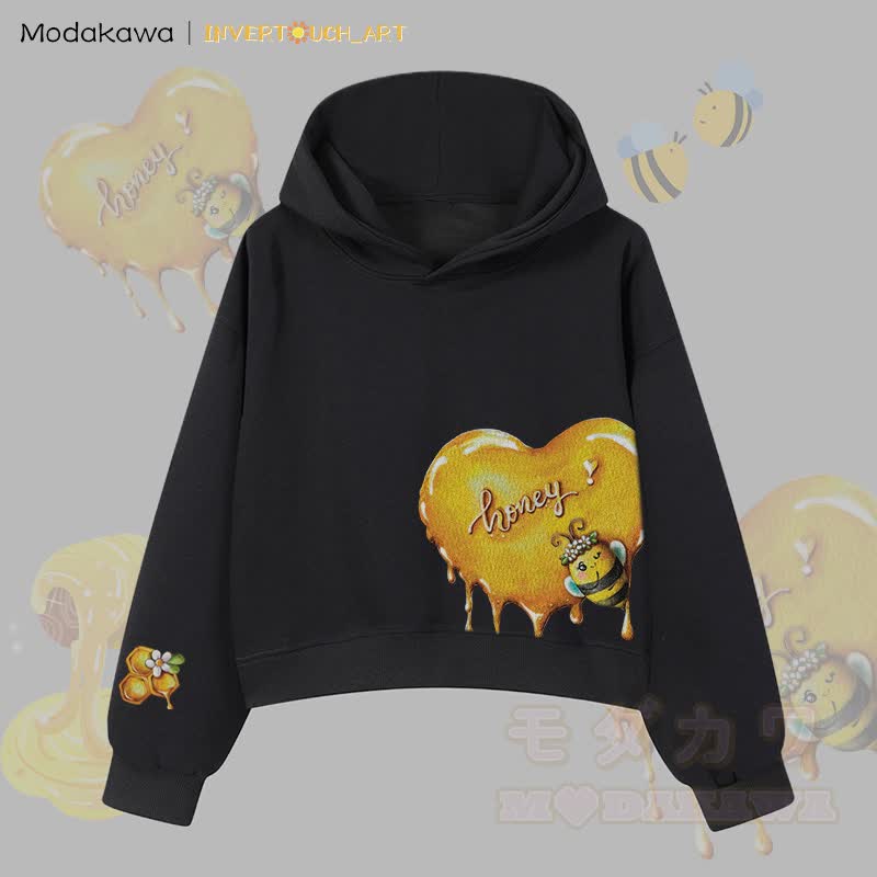 MODAKAWA X INVERTOUCH_ART Honigbienen-Grafik Modakawa Cropped Cotton Hoodie - Schwarz A - 3XL - image 4
