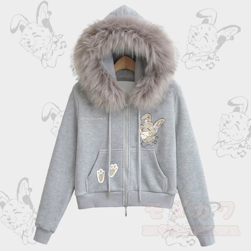 MODAKAWA Fröhlicher Kapuzenpullover mit Nabi-Hasen-Motiv, Fleece-Futter und Kunstpelzbesatz, Reißverschluss. - Grau - L - image 3