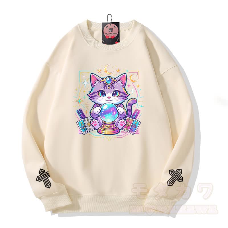 Tarot-Katze-Kristallkugel-Kreuz-Grafik Modakawa Sweatshirt - Beige - 5XL - image 3