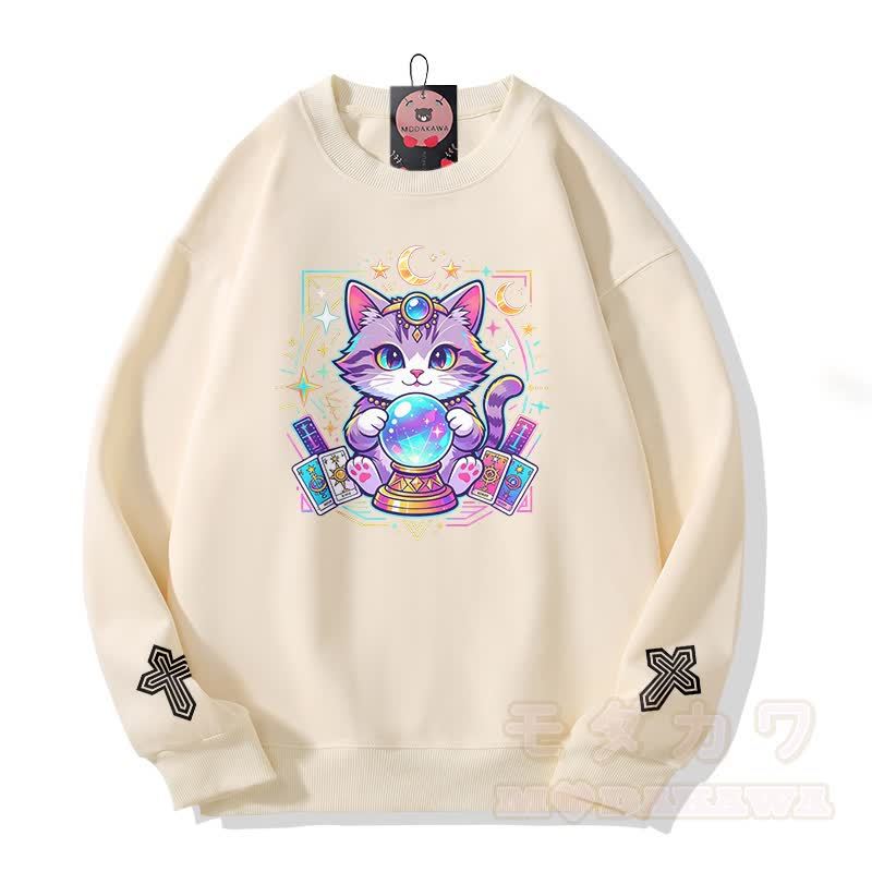 Tarot-Katze-Kristallkugel-Kreuz-Grafik Modakawa Sweatshirt - Beige - 5XL - image 3