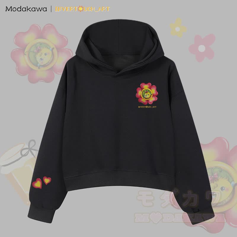 MODAKAWA X INVERTOUCH_ART Flower Bee Graphic Modakawa Cropped Cotton Hoodie - Black C - 3XL - image 3