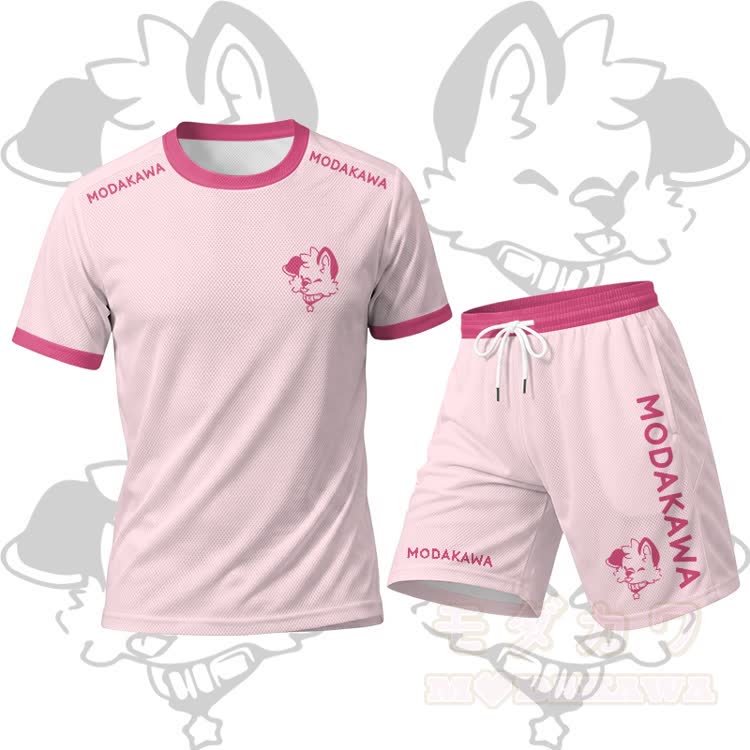 MODAKAWA X popipeko Tongue Out Puppy Grafik Herren-Sport-T-Shirt mit Kordelzug und passendem Outfit - Rosa Set - 5XL - image 15