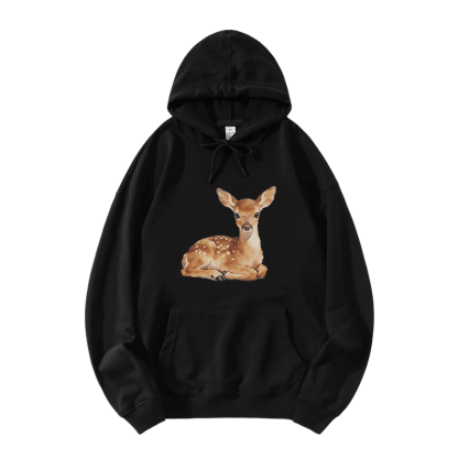Modakawa Hoodie mit niedlichem Rehbaby-Motiv, locker geschnitten aus Baumwollmischgewebe - Black - 5XL - image 3